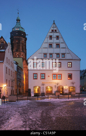 Pirna marketplace, Canalettos house and St. Mary's Church at wintertime, Pirna, Saxony, Germany, Europe Stock Photo