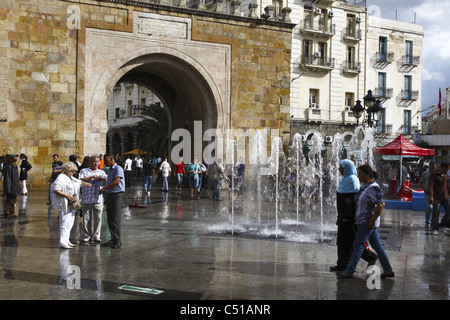 Africa, North Africa, Tunisia, Tunis, Place de la Victoire, Porte de France, Medina Entrance, Fountain Stock Photo