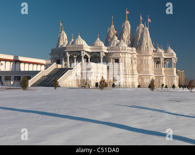 BAPS Shri Swaminarayan Mandir hand-carved white marble Hindu temple wintertime scenery. Toronto, Ontario, Canada. Stock Photo