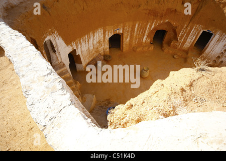 Africa, North Africa, Tunisia, Matmata, Troglodyte Pit Home, Berber underground Dwelling Stock Photo