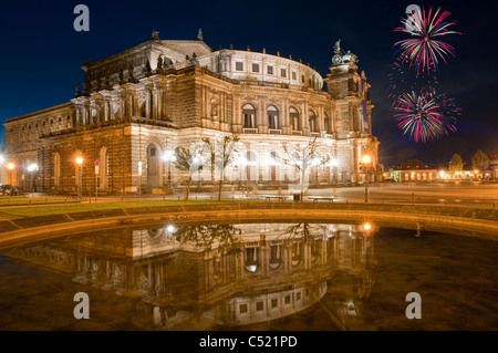 Semperoper opera house at night with fireworks, Dresden, Saxony, Germany, Europe Stock Photo
