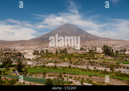 The El Misti volcano with agricultural fields near Arequipa, Peru, South America. Stock Photo