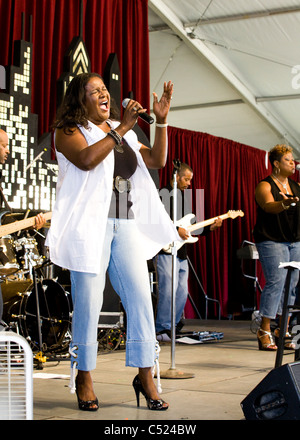 African-American Rhythm and Blues singer performing on stage Stock Photo