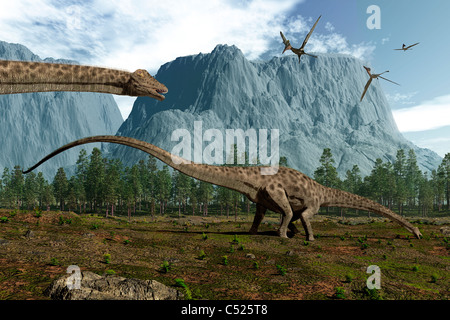 Diplodocus dinosaurs graze while pterodactyls fly overhead. Stock Photo