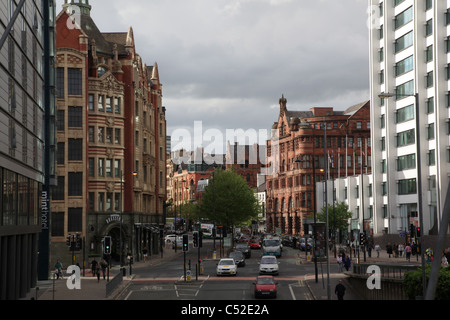 View from footbridge towards Picadilly Train station in the direction of Picadilly Gardens in Manchester Stock Photo