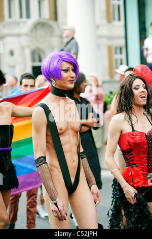 Colourful scantily-clad characters attending London's Gay Pride 41 years. Anniversary Parade - London 2nd July 2011 England, UK Stock Photo