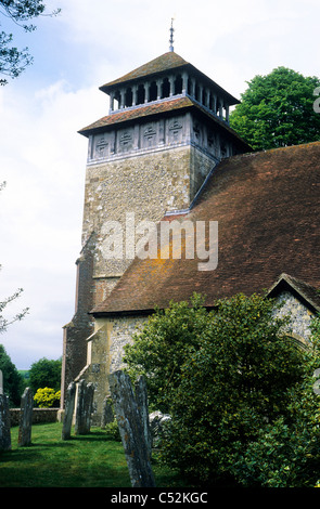 Meonstoke, Hampshire, St. Andrew's Church west tower with timbered top in Welsh Border style English churches England UK Stock Photo