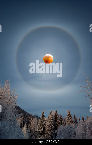 View of a perfect halo encompassing the moon during a rare winter lunar eclipse on December 20th, Girdwood, Alaska, Composite Stock Photo