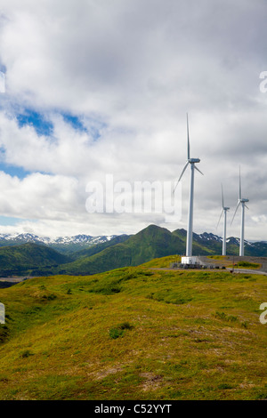 Wind turbines on Pillar Mountain for the Pillar Mountain Wind Project, Kodiak Island, Alaska Stock Photo