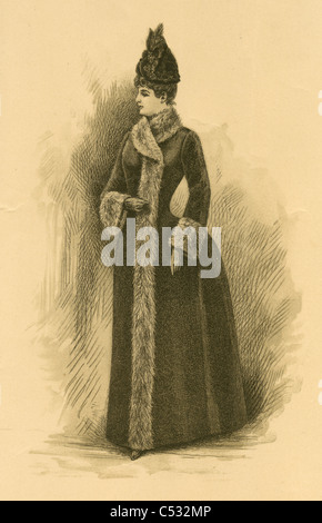 Circa 1880s fashion engraving of a woman wearing a fur coat and hat. Stock Photo