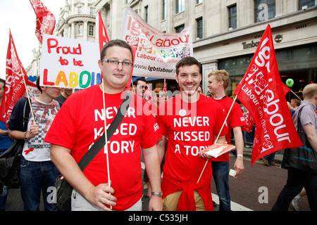 LGBT Labour participants with 'never kissed a Tory' T shirts in the London Gay Pride Parade 2011 Stock Photo