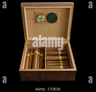 Luxury humidor and cigars isolated on black Stock Photo