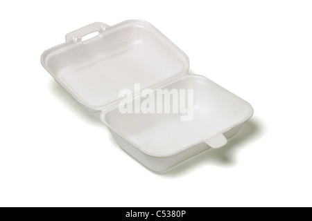 Open plastic lunch box on white background, food container for