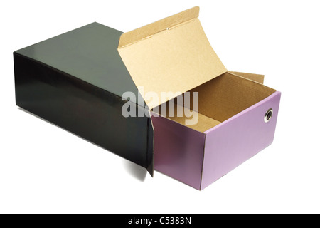 Open empty shoe box on white background Stock Photo