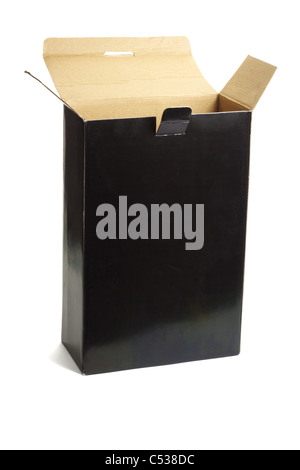 Open black empty paper box standing on white background Stock Photo