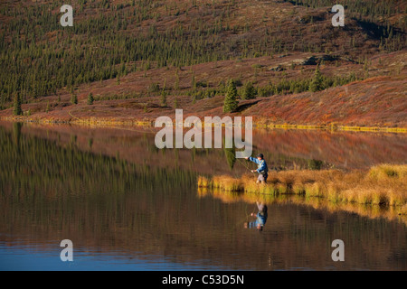 Fly fisherman casting over Wonder Lake, Denali National Park and Preserve, Interior Alaska, Fall Stock Photo
