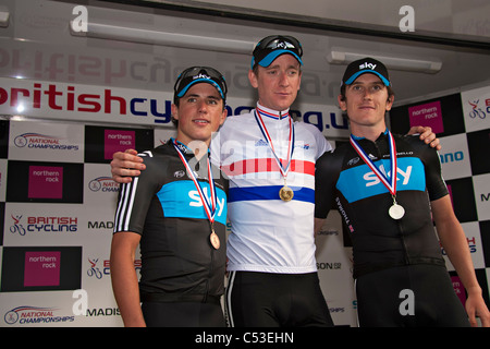 The podium of the 2011 British National Road Cycling championship.From left: Peter Kennaugh, Bradley Wiggins and Gerraint Thomas Stock Photo