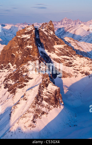 Morning aerial view of Arrigetch Peaks in the Brooks Range,Gates of the Arctic National Park & Preserve, Arctic Alaska, Winter Stock Photo