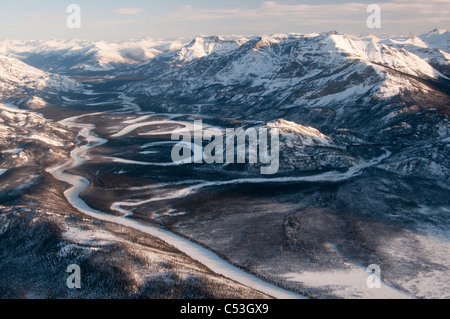 Morning aerial view of the Alatna River in Gates of the Arctic National Park & Preserve, Arctic Alaska, Winter Stock Photo