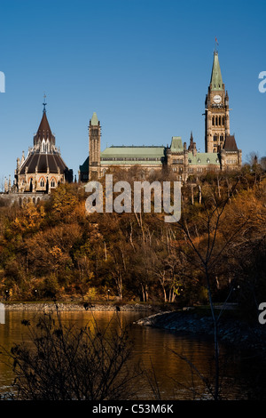 Side view of the Canadian Parliament Buildings atop Parliament Hill in Ottawa, Ontario Canada in late Autumn. Stock Photo