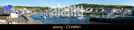 Panoramic (stitched) image of picturesque Aberaeron harbour in West Wales UK Stock Photo