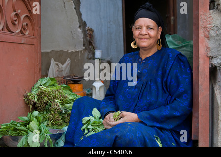EGYPT, FAYOUM: Woman sells veggies in Tawfiqiya village. Stock Photo