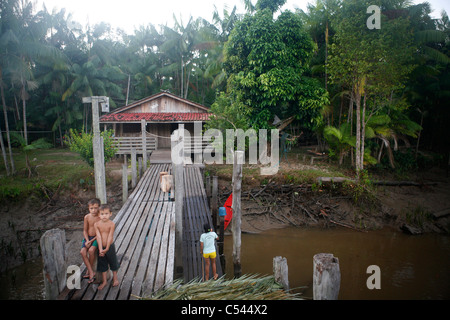 Ribeirinhos (river people) living on the Picanco River, Amazonian Estuary. Stock Photo