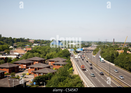 The M60 motorway with Pyramid building as seen from Stockport viaduct Stock Photo