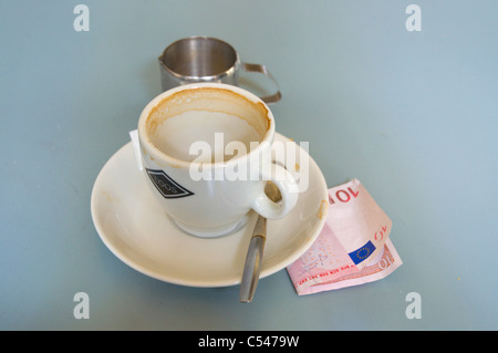Empty cup of coffee and ten euro note for payment Grand Cafe Loos Scheepvaartkwartier Rotterdam the Netherlands Europe Stock Photo