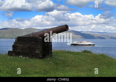 The Isle of Mull ferry seen from the grounds of Duart Castle with Morvern behind Stock Photo