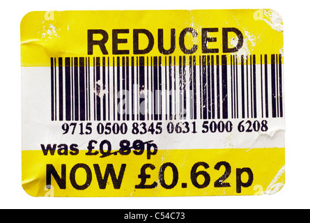 Tatty Supermarket reduction label giving a reduced price from 89 pence to 62 pence. EDITORIAL ONLY Stock Photo