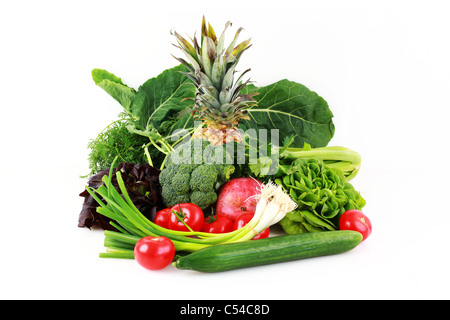 Various vegetables and fruits on white background Stock Photo