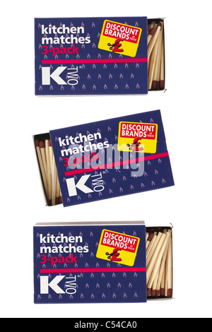 Three boxes of a three pack of KTwo kitchen matches Discount Brands at Tesco Stock Photo