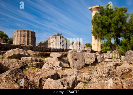 Ruins of the Temple of Zeus in Olympia Greece - home to the original Olympic Games, starting in 776 BC Stock Photo
