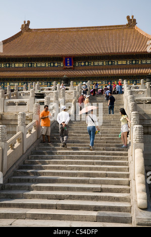 Looking up flight of stairs to The Hall of Supreme Harmony – Tai He Dian; The Forbidden City in Beijing, China Stock Photo
