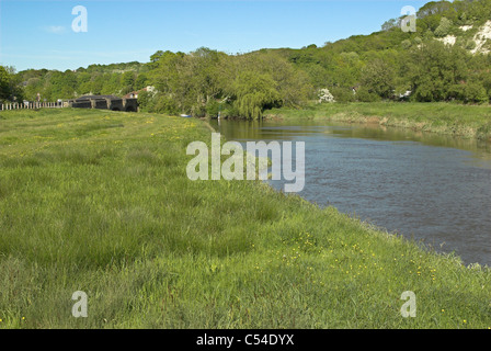 The River Arun and Houghton Bridge near the village of Amberley in the South Downs National Park. Stock Photo
