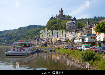 Tourist boat, sightseeing at Cochem castle, Moselle, Mosel river, Rhineland-Palatinate, Germany, Europe Stock Photo