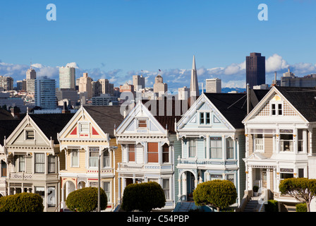 San Francisco  the famous 'Painted Ladies' well maintained old Victorian houses on Alamo Square California USA Stock Photo