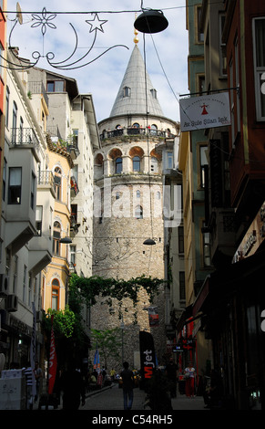 ISTANBUL, TURKEY. A view of the Galata Tower in Beyoglu district, as seen from Buyak Hendek Sokak. 2011. Stock Photo