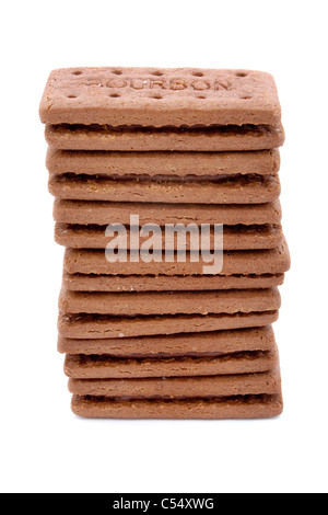 Tower of chocolate cream filled biscuits isolated on white Stock Photo