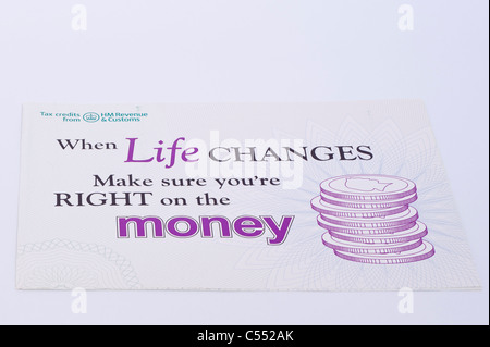 A leaflet from HM Revenue and Customs reminding people to update life changes to them if claiming Tax Credits in the Uk Stock Photo