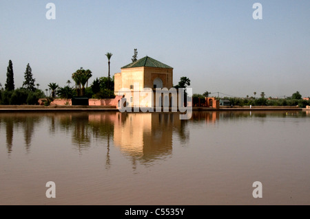 Formal garden at the lakeside, Menara gardens, Marrakesh, Morocco Stock Photo