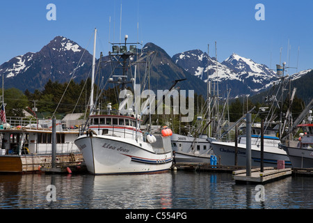 Boats moored at a harbor, Crescent Harbor, Indian River, Sitka, Baranof Island, Alaska, USA Stock Photo