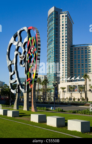 Sculpture with a hotel in the background, Coming Together, Omni Hotel, San Diego Convention Center, San Diego, California, USA Stock Photo