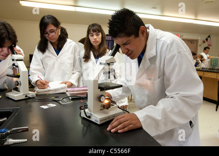 Hispanic students wears lab coats while using microscope in biology class at the STEM Early College High School in Pharr TX Stock Photo