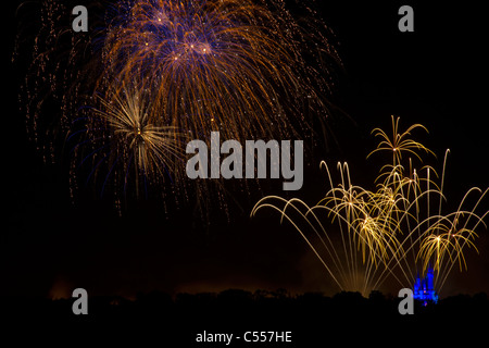 Walt Disney World Magic Kingdom Fireworks high in sky panoramic view from Grand Floridian Resort blue light on small Cinderella's Castle adds scale Stock Photo