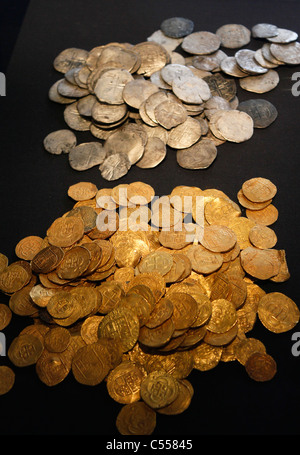 gold and silver coins from the wreck of the Spanish Armada galleon La Girona, now in the Ulster Museum, Belfast, UK Stock Photo