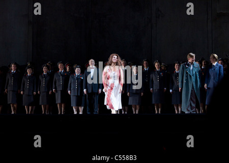 lady Macbeth taking bow at curtain call of performance of Verdi's Macbeth at the Deutsche Oper, Berlin, Germany Stock Photo