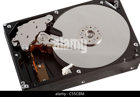 Computer Hard Drive Opened Up on White Background Stock Photo