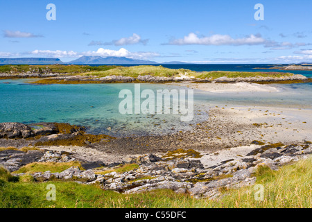 Looking towards the isles of Eigg and Rum  from the Beach at Traigh near  Portnaluchaig;Arisaig;Scotland Stock Photo